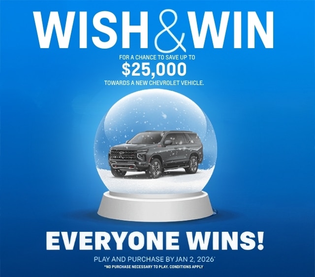 "Wish & Win contest offering up to $25,000 towards a Chevrolet vehicle, featuring a car in a snow globe."