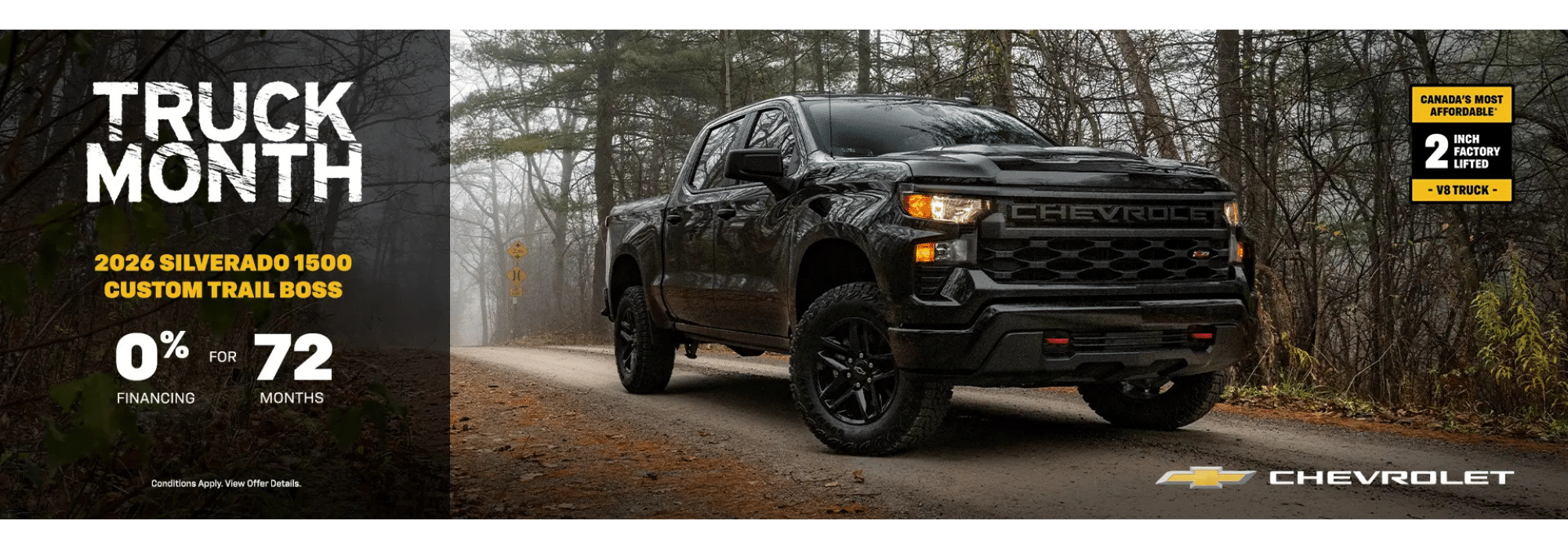 2026 Silverado 1500 Custom Trail Boss truck ad, featuring 0% financing for 72 months during Truck Month.