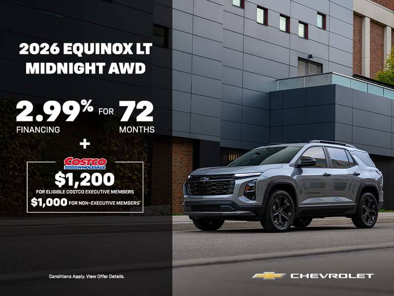 Promotion for 2026 Chevrolet Equinox LT Midnight AWD with 2.99% financing over 72 months and Costco rebate.