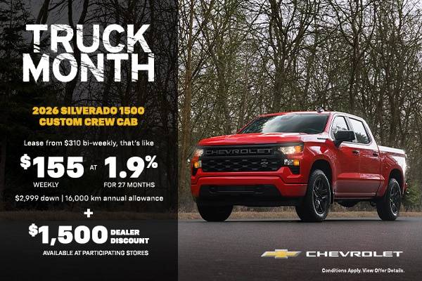 Chevrolet truck promotion featuring a 2026 Silverado 1500 Custom Crew Cab with lease details and dealer discount.
