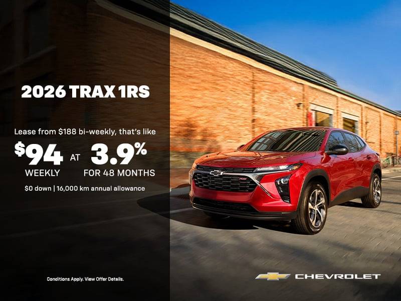 2026 Chevrolet Trax 1RS promotion: $94 weekly at 3.9% for 48 months, $0 down, 16,000 km allowance.