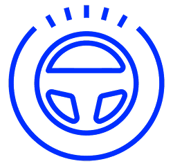 Blue steering wheel icon with circular design and radiating lines, suggesting driving or automotive technology.