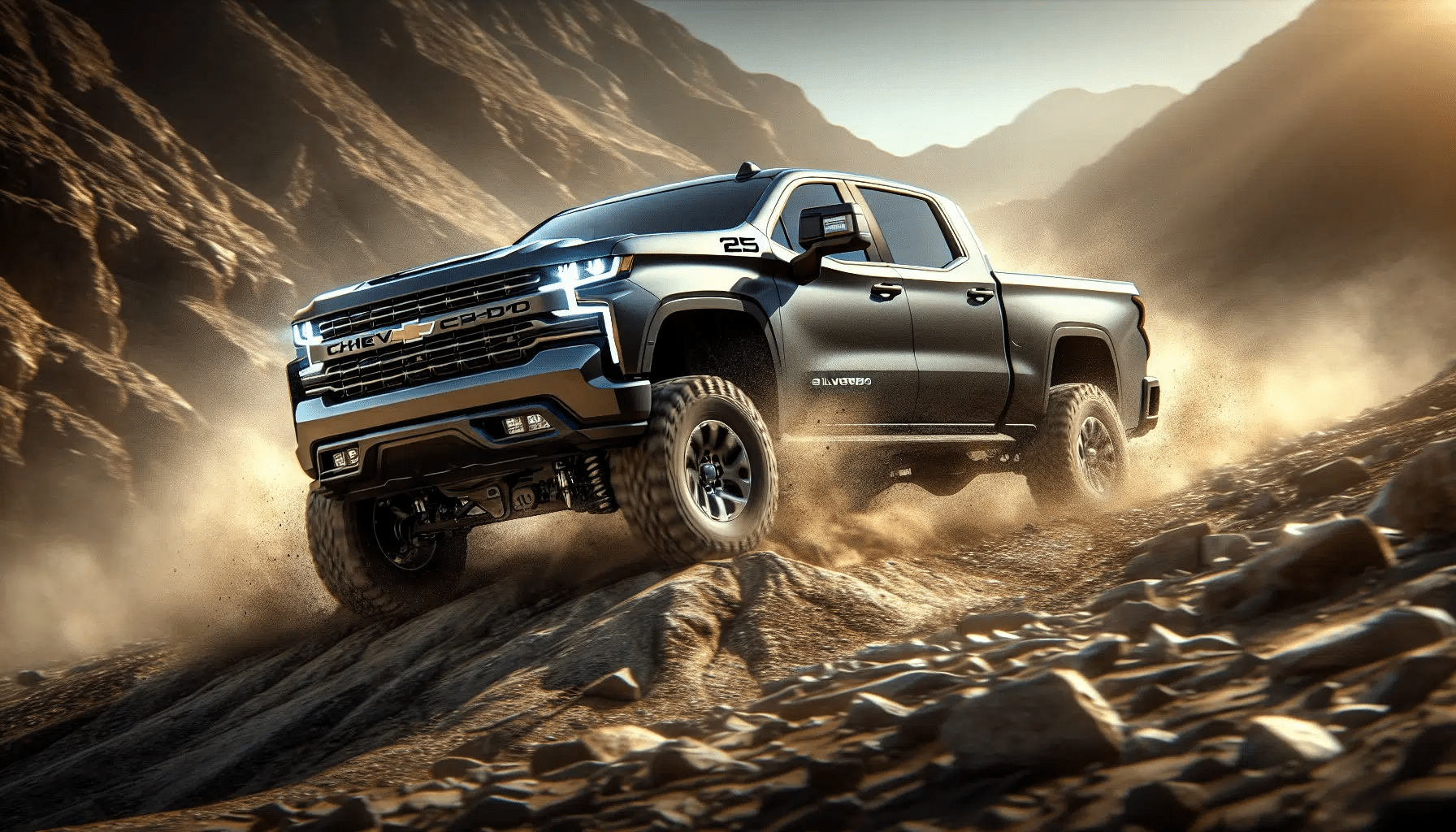 A pickup truck navigating rugged desert terrain, kicking up dust and highlighting off-road capability.