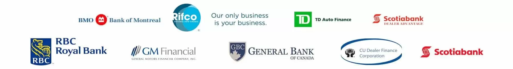 Logos of major financial institutions including BMO, RBC, GM Financial, and Scotiabank.