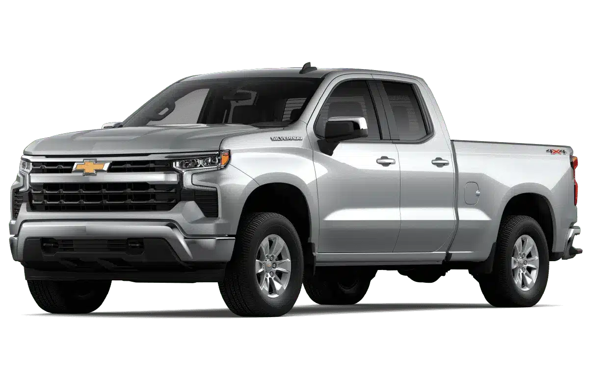 2022 Chevrolet Silverado 1500 in silver metallic finish, showcasing a robust front grille, modern headlights, and spacious crew cab design. The vehicle highlights 4x4 capability, making it ideal for both work and off-road adventures.