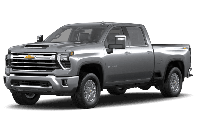 Silver Chevrolet Silverado HD pickup truck with a robust design, showcasing front grille and truck bed, ideal for heavy-duty tasks and outdoor adventures.