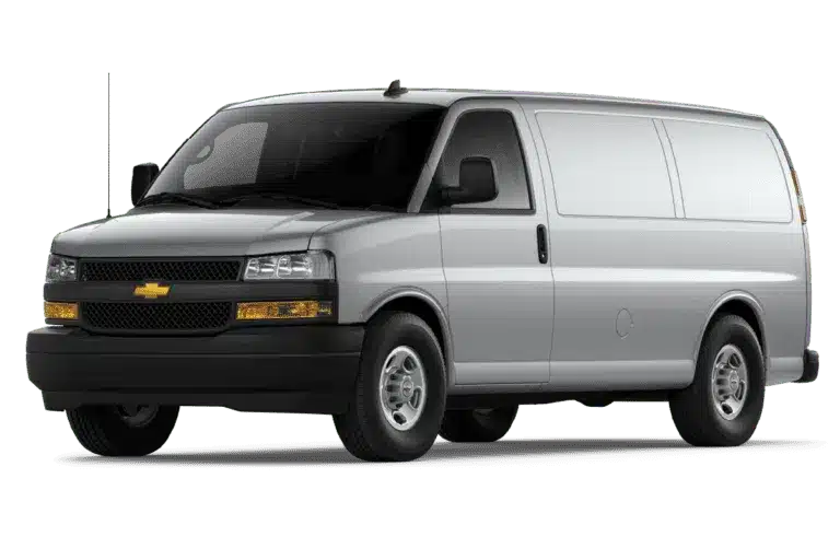 Silver Chevrolet Express Cargo Van with a spacious interior, designed for commercial use and transportation. Features include a robust build, large cargo capacity, and practical design for business needs.