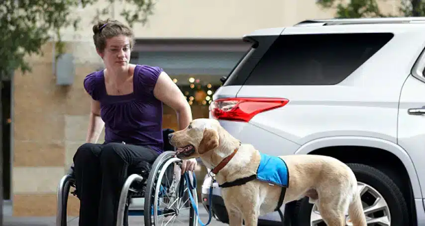 Woman in wheelchair with service dog beside an SUV; enhancing mobility accessibility.