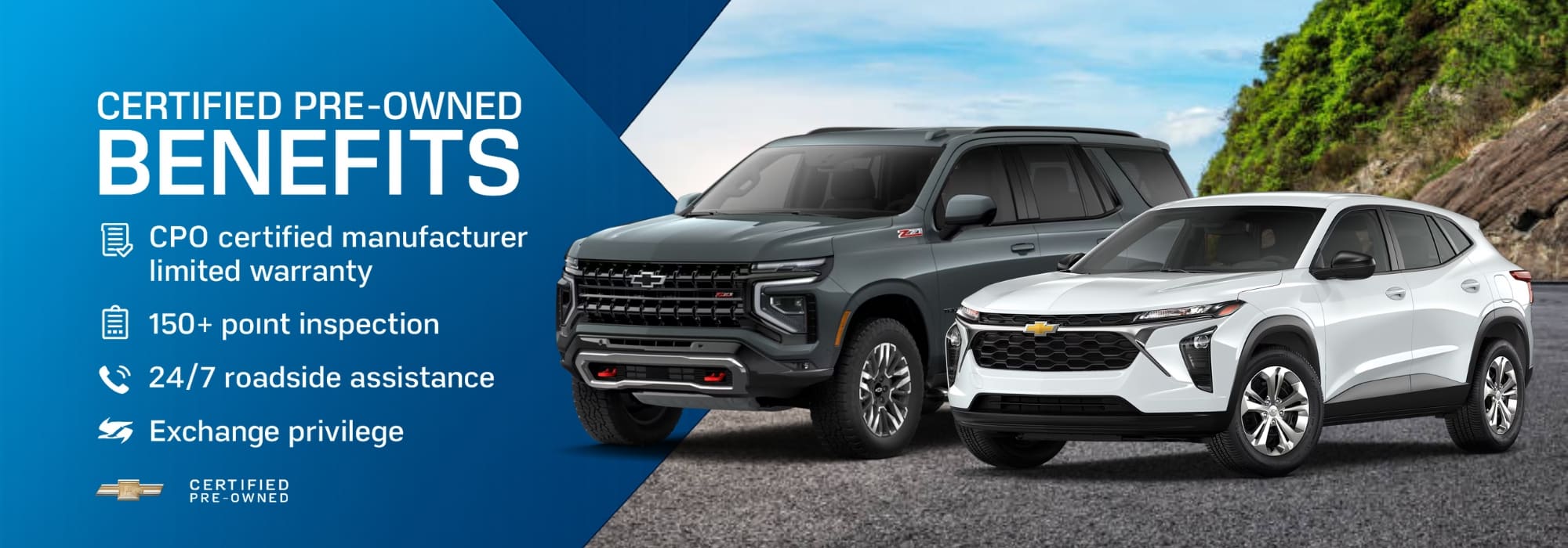 Certified pre-owned benefits: limited warranty, 150+ point inspection, 24/7 roadside assistance, exchange privilege. Two cars displayed.