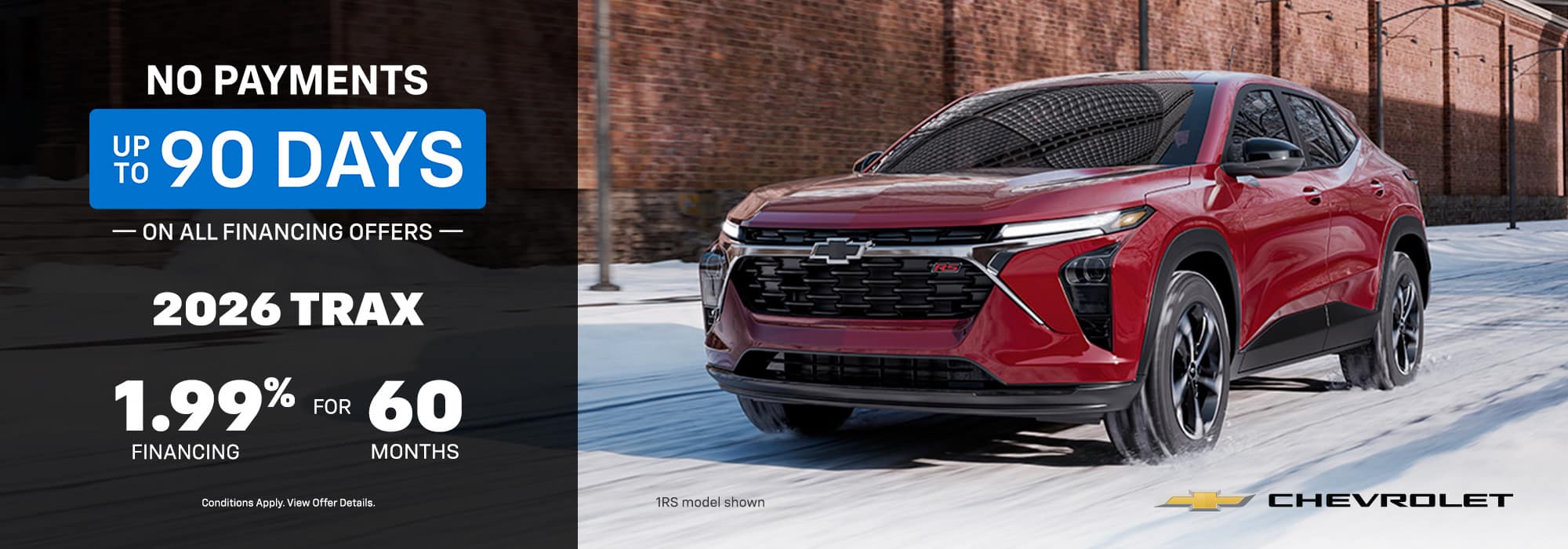 2026 Chevrolet Trax in snow with 1.99% financing for 60 months, no payments for 90 days offer.