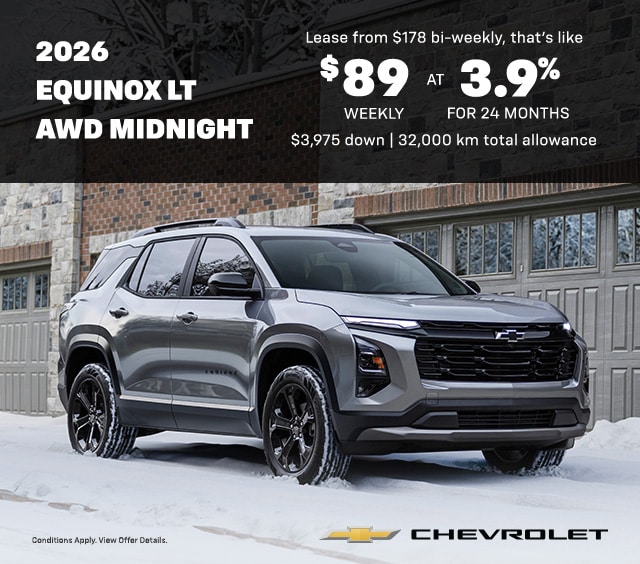 2026 Chevrolet Equinox LT AWD Midnight SUV promotional lease offer: $89 weekly, 3.9% for 24 months.