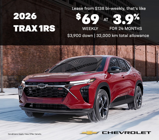 Red 2026 Chevrolet Trax 1RS driving on snowy road, lease offer details overlayed, highlighting pricing and terms.