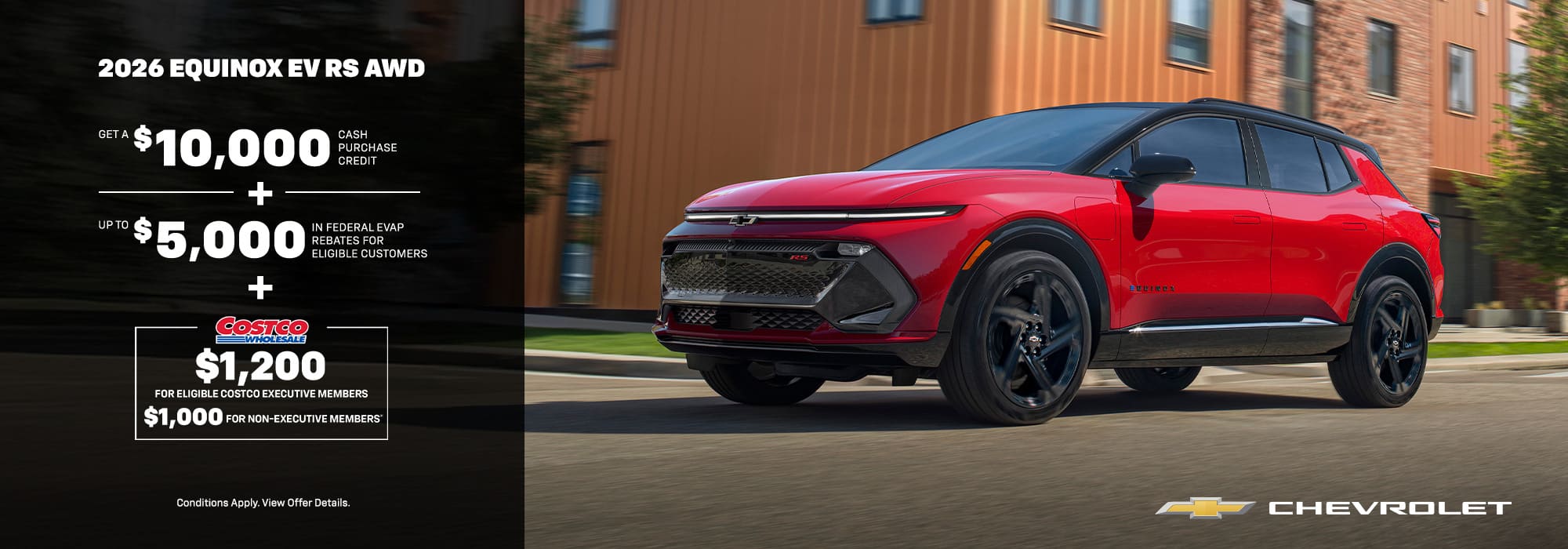 Red 2026 Chevrolet Equinox EV RS AWD with cash purchase credit and federal EV rebate offers.