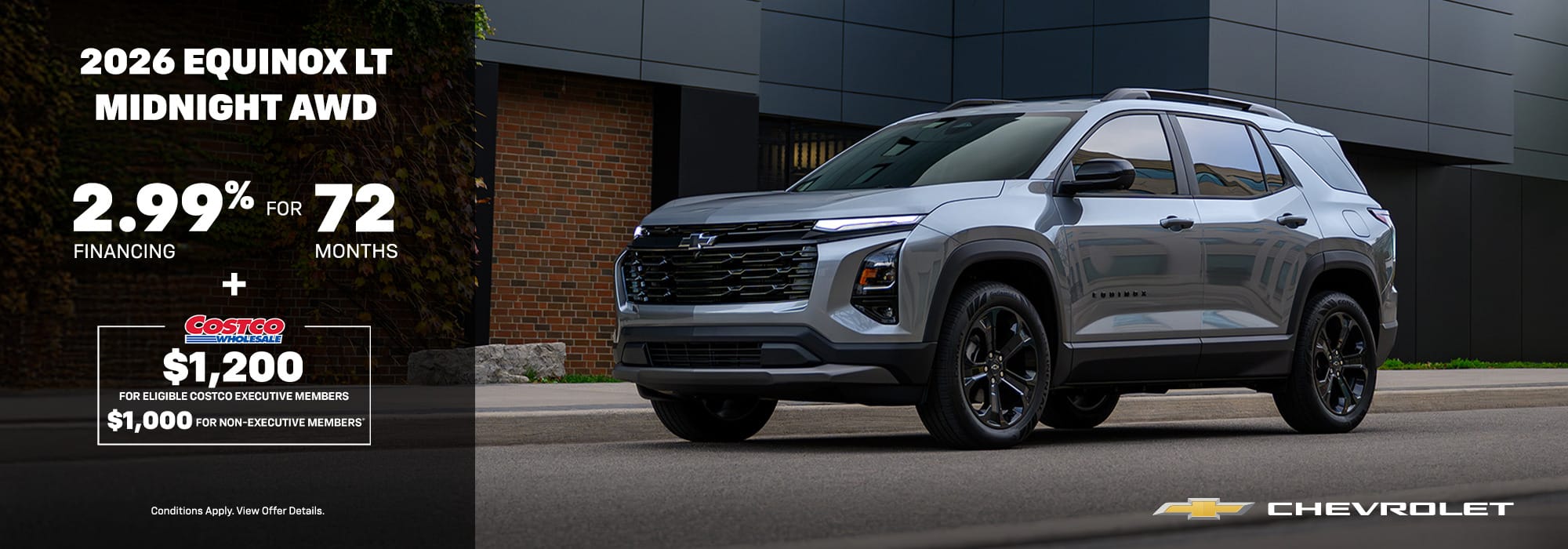 2026 Chevrolet Equinox LT Midnight AWD with 2.99% financing for 72 months and Costco member discount.