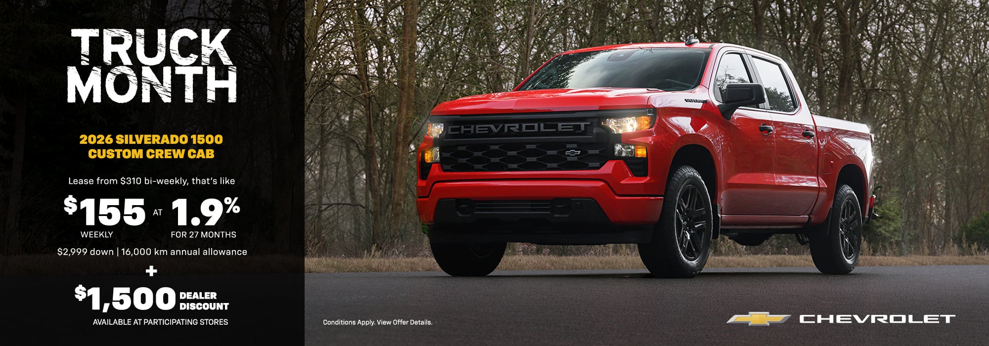 Red 2026 Silverado 1500 Custom Crew Cab in a forest setting with truck leasing offer details.