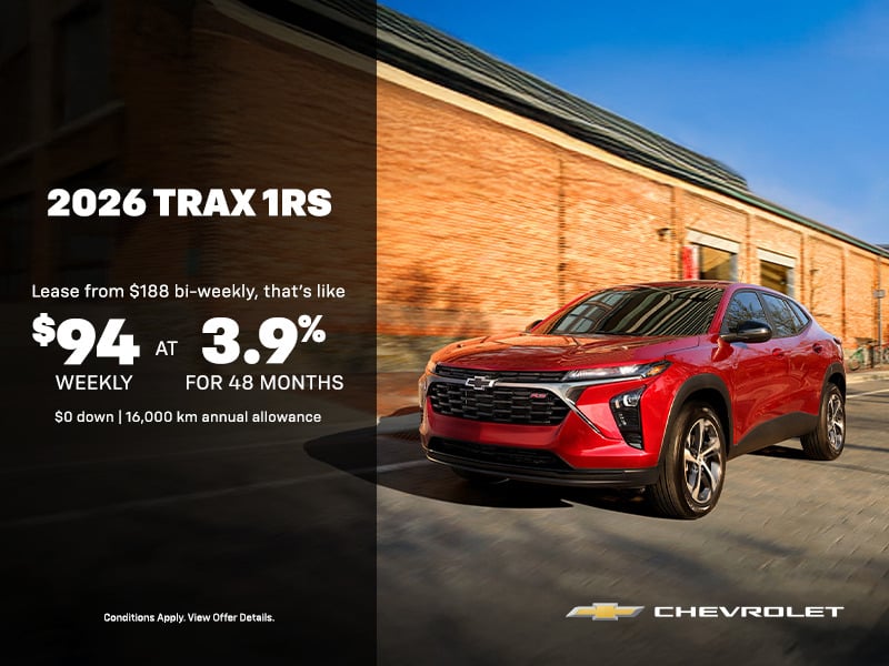 2026 Chevrolet Trax 1RS promotion: $94 weekly at 3.9% for 48 months, $0 down, 16,000 km allowance.