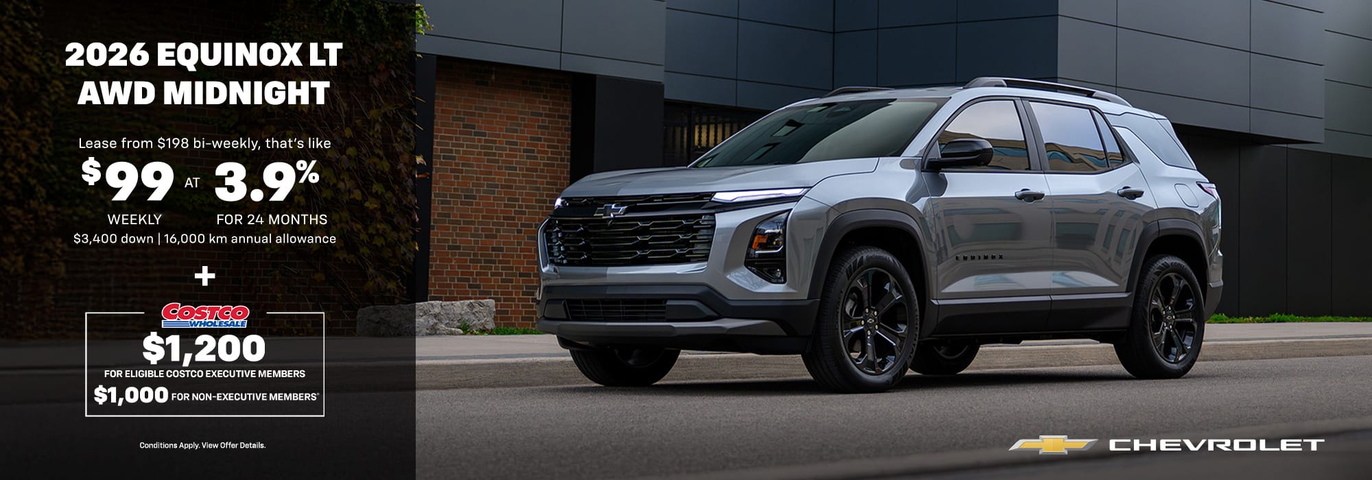 2026 Chevrolet Equinox LT AWD Midnight in silver shown. Lease offer: $99 weekly at 3.9% for 24 months.