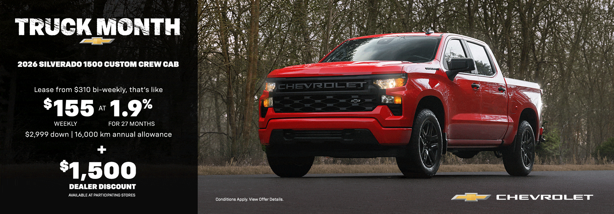 Red 2024 Silverado 1500 Custom Crew Cab promo; lease from $155 weekly, 1.9% for 27 months. $1,500 dealer discount.
