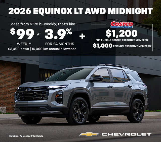 2026 Chevrolet Equinox LT AWD Midnight ad with leasing details and Costco member offers.