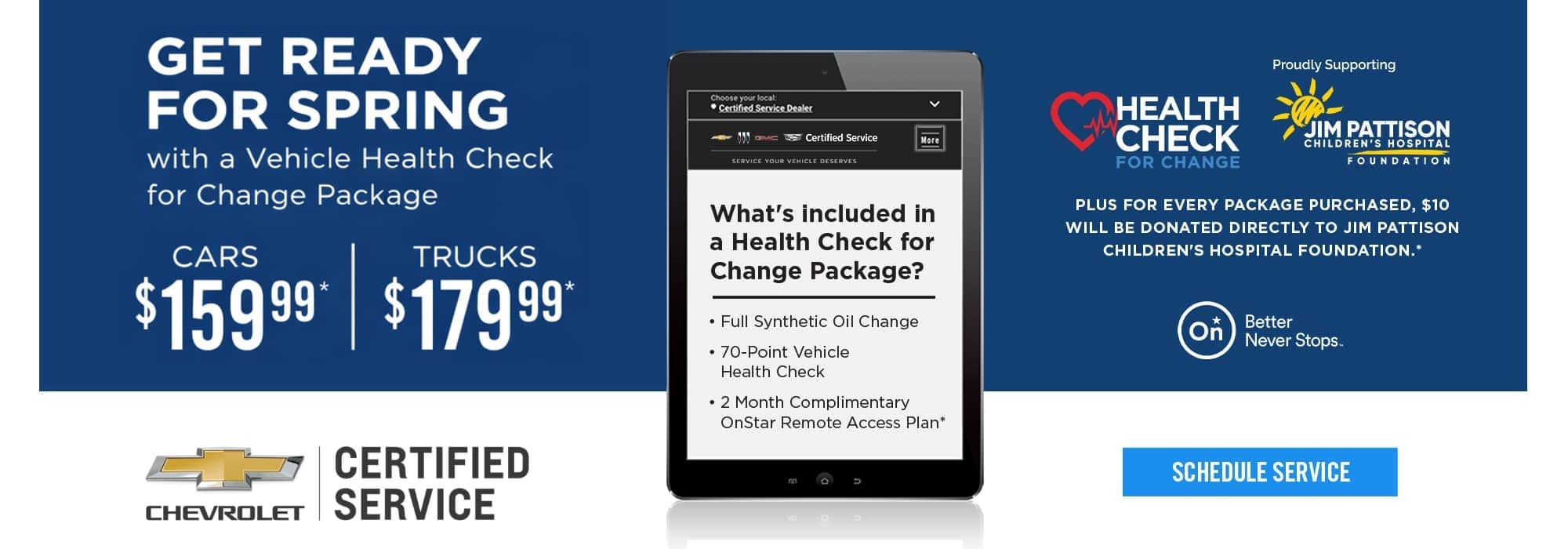 Chevrolet spring vehicle health check package offers, starting at $159.99. Includes oil change, health check.