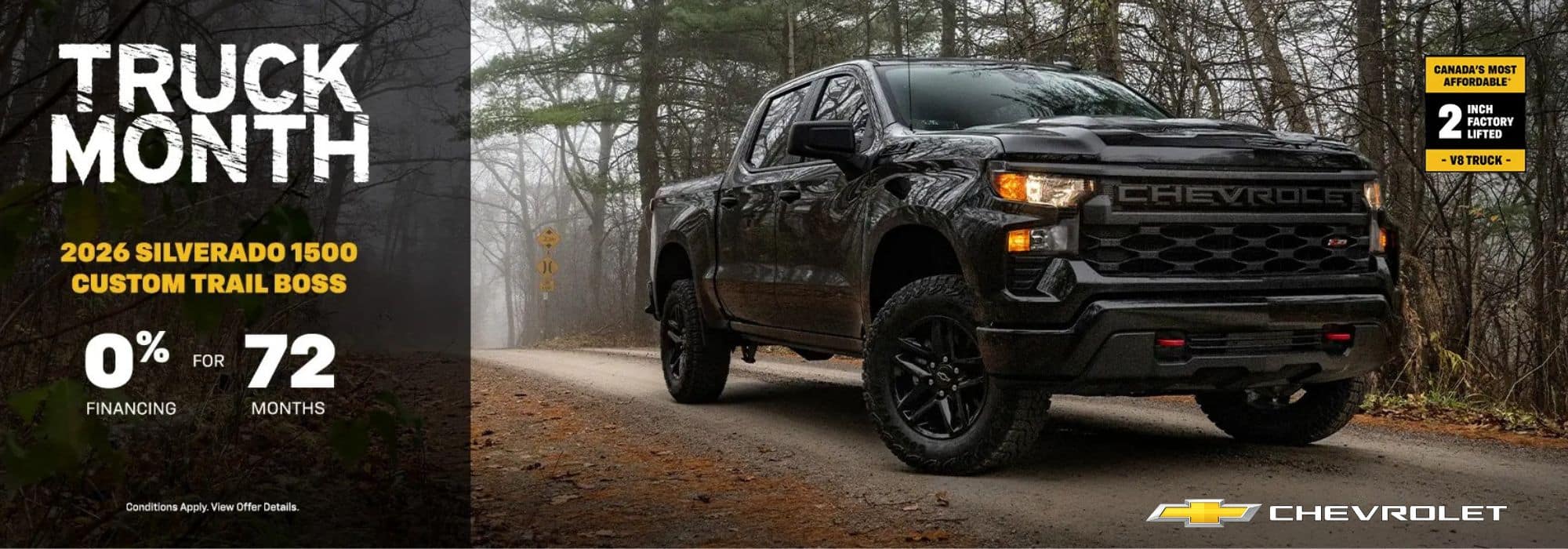 2026 Chevrolet Silverado 1500 Custom Trail Boss in forest, 0% financing for 72 months offer.