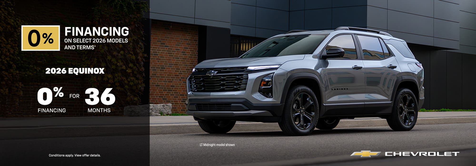 2026 Chevrolet Equinox LT AWD Midnight in silver shown. Lease offer: $99 weekly at 3.9% for 24 months.