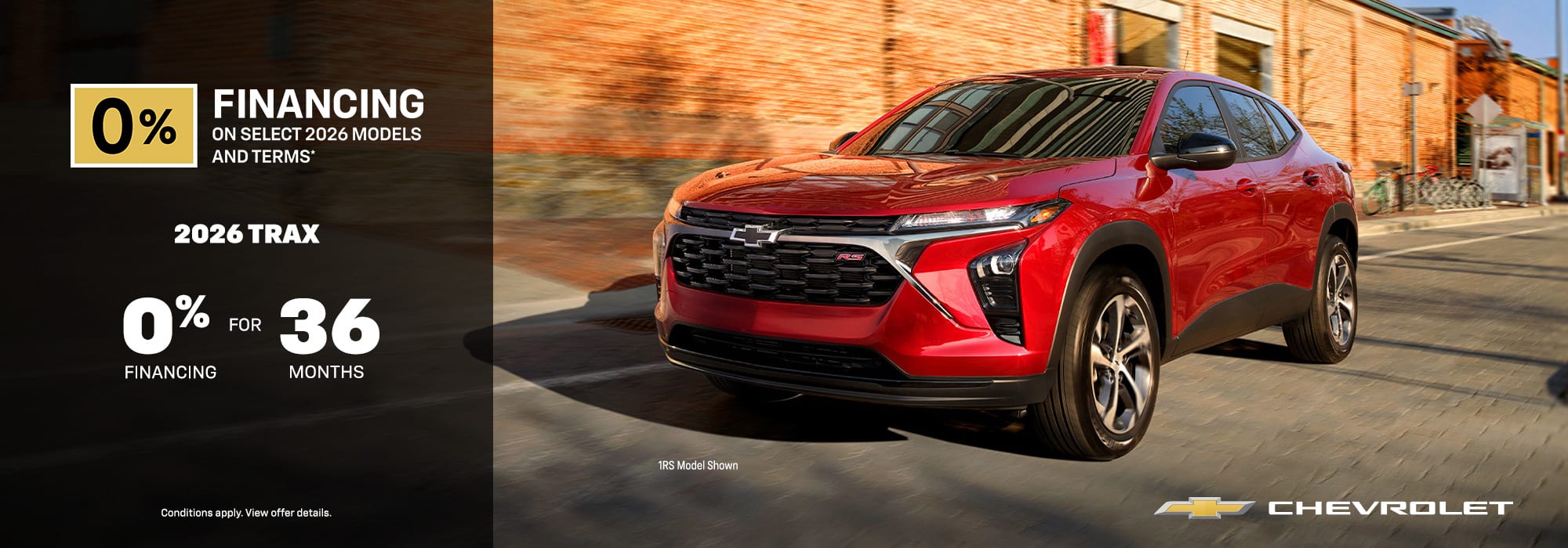 Red 2026 Chevrolet Trax 1RS driving on a street. Lease offer: $94 weekly at 3.9% for 48 months.