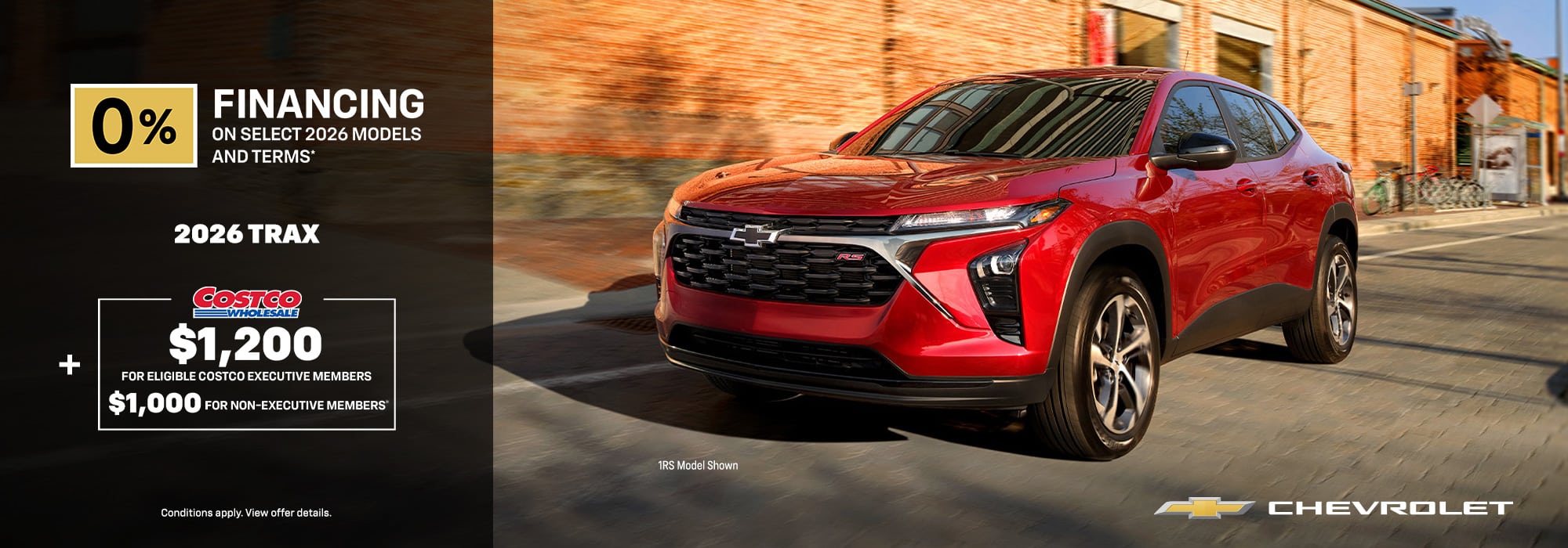 2026 Chevrolet Trax offer: 0% financing, $1,200 Costco discount, red SUV driving on urban street.