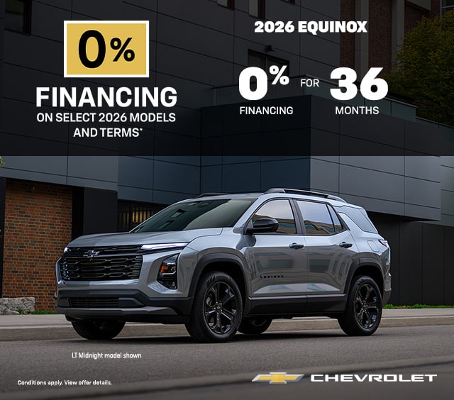 2026 Chevrolet Equinox LT AWD Midnight ad with leasing details and Costco member offers.