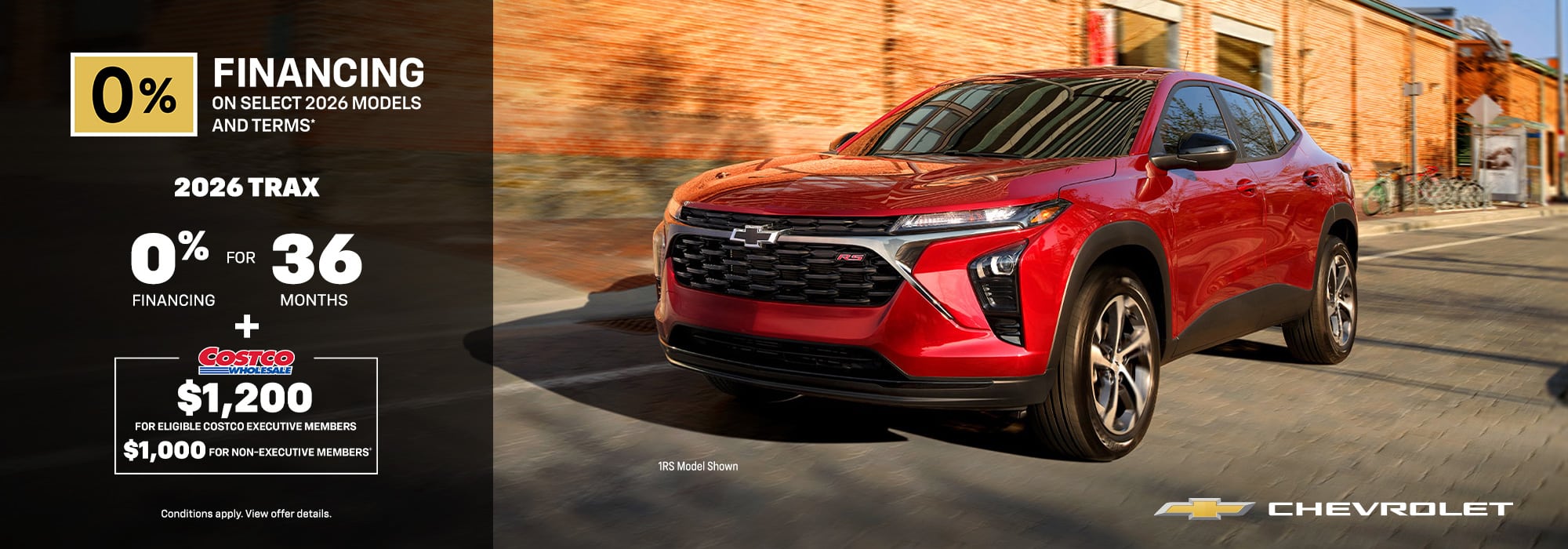 2026 Chevrolet Trax offer: 0% financing, $1,200 Costco discount, red SUV driving on urban street.