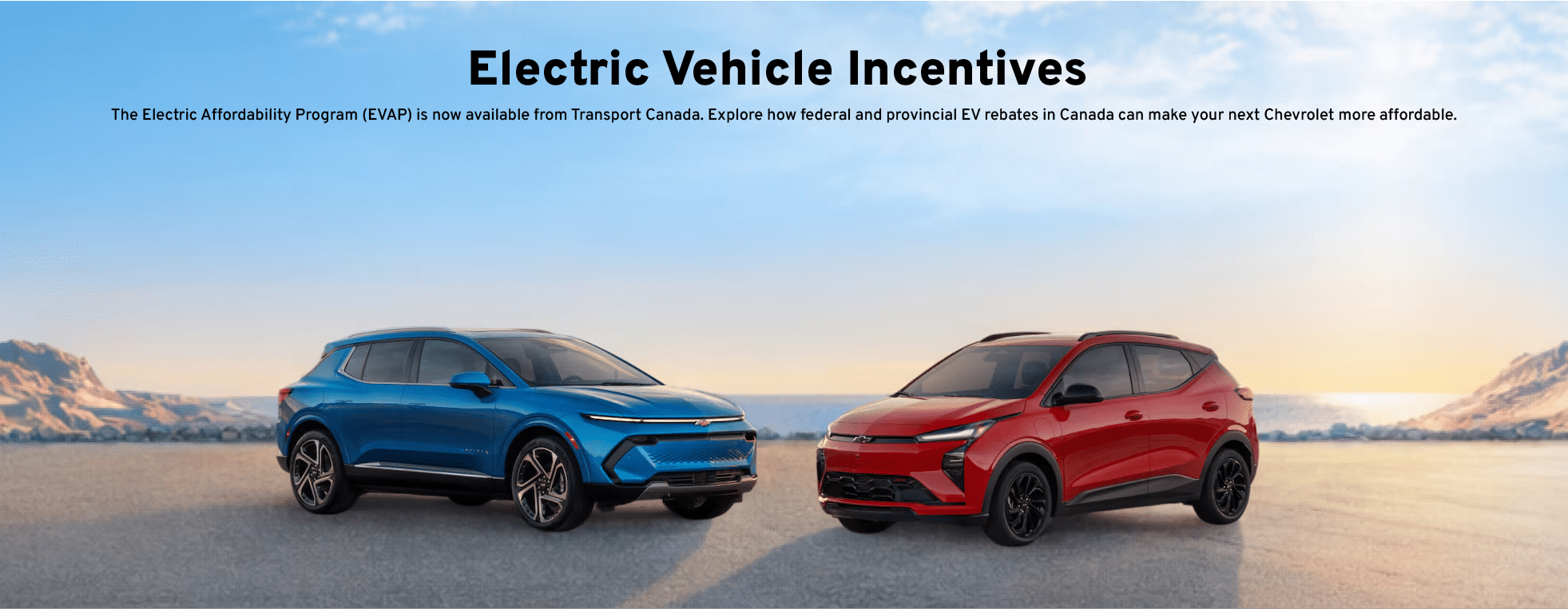 Blue and red Chevrolet electric SUVs with text on federal and provincial EV rebates in Canada.