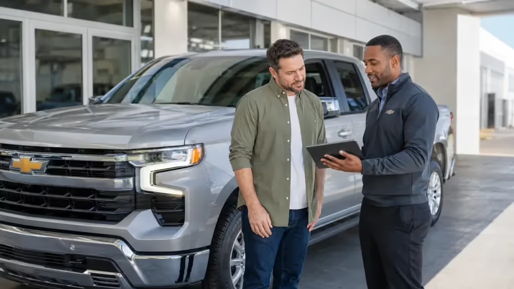A sales consultant and a customer looking at a tablet beside a Chevrolet Silverado outside RMP Chevrolet