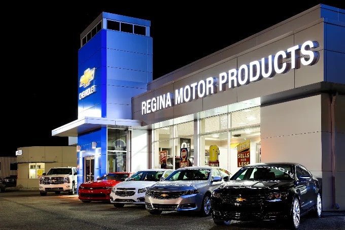 The RMP Chevrolet dealership in Regina lit up in the evening