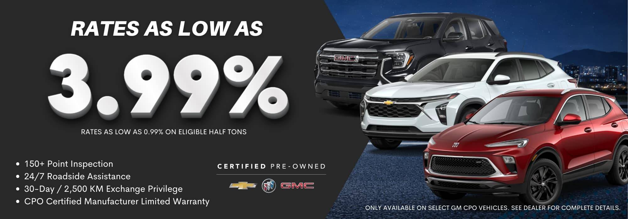 Car loan promotion offering 3.99% rates on GMC and Chevrolet vehicles; includes roadside assistance and warranty.