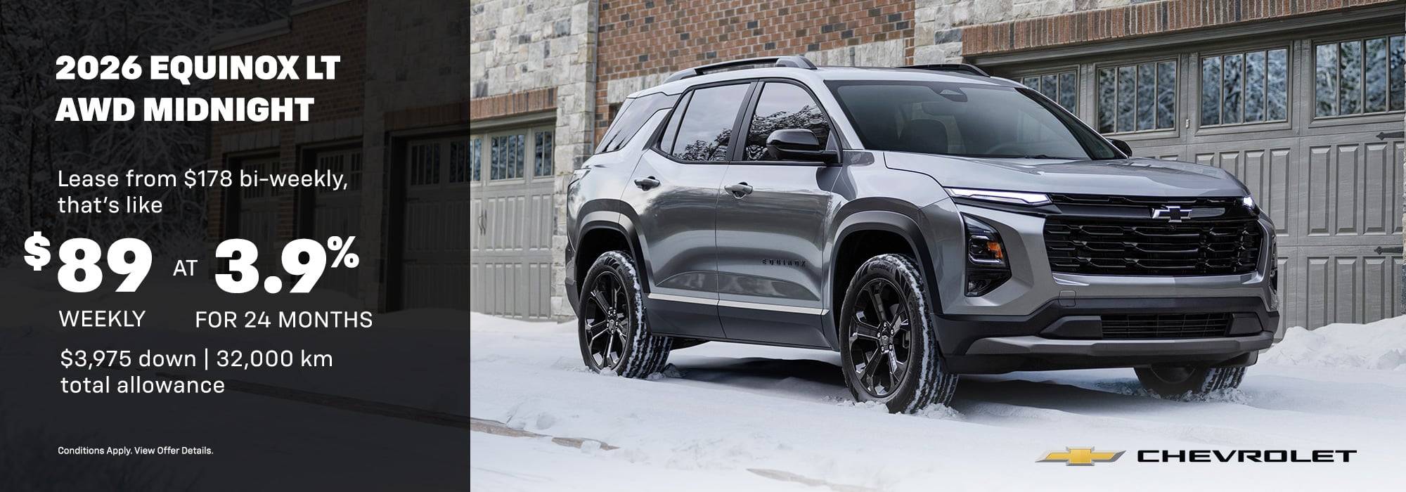 Silver 2026 Chevrolet Equinox LT AWD Midnight parked in snow, leasing from $89 weekly at 3.9%.