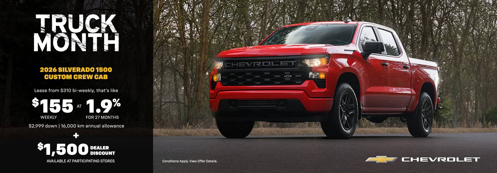 Red 2026 Silverado 1500 Custom Crew Cab in a forest setting with truck leasing offer details.