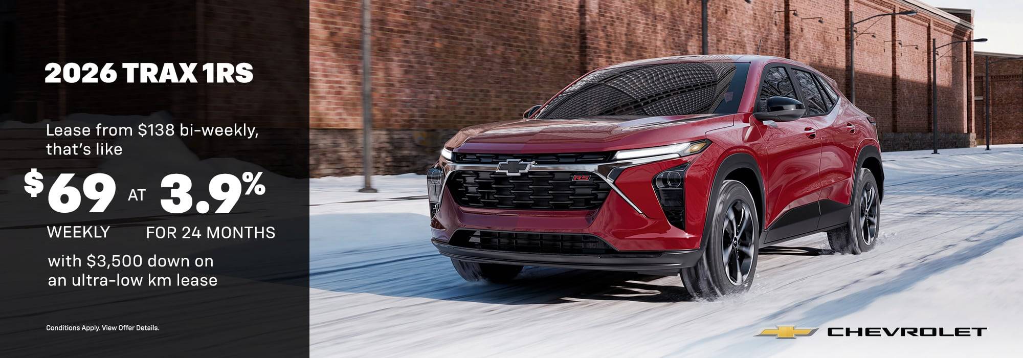 2026 Chevrolet Trax in snow with 1.99% financing for 60 months, no payments for 90 days offer.